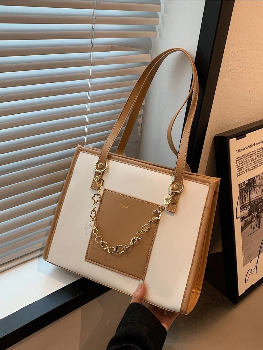 Letter Graphic Chain Decor Shoulder Tote Bag