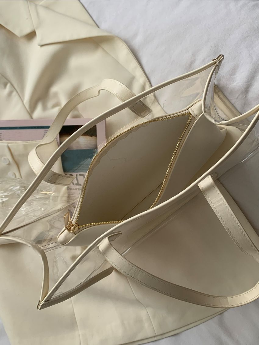 Clear Letter Graphic Shoulder Tote Bag With Inner Pouch