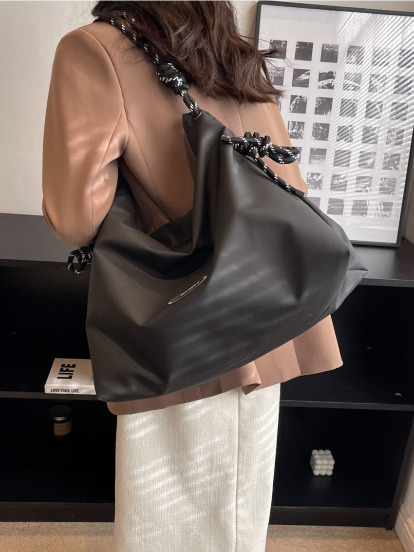 Ruched Detail Letter Patch Decor Hobo Bag