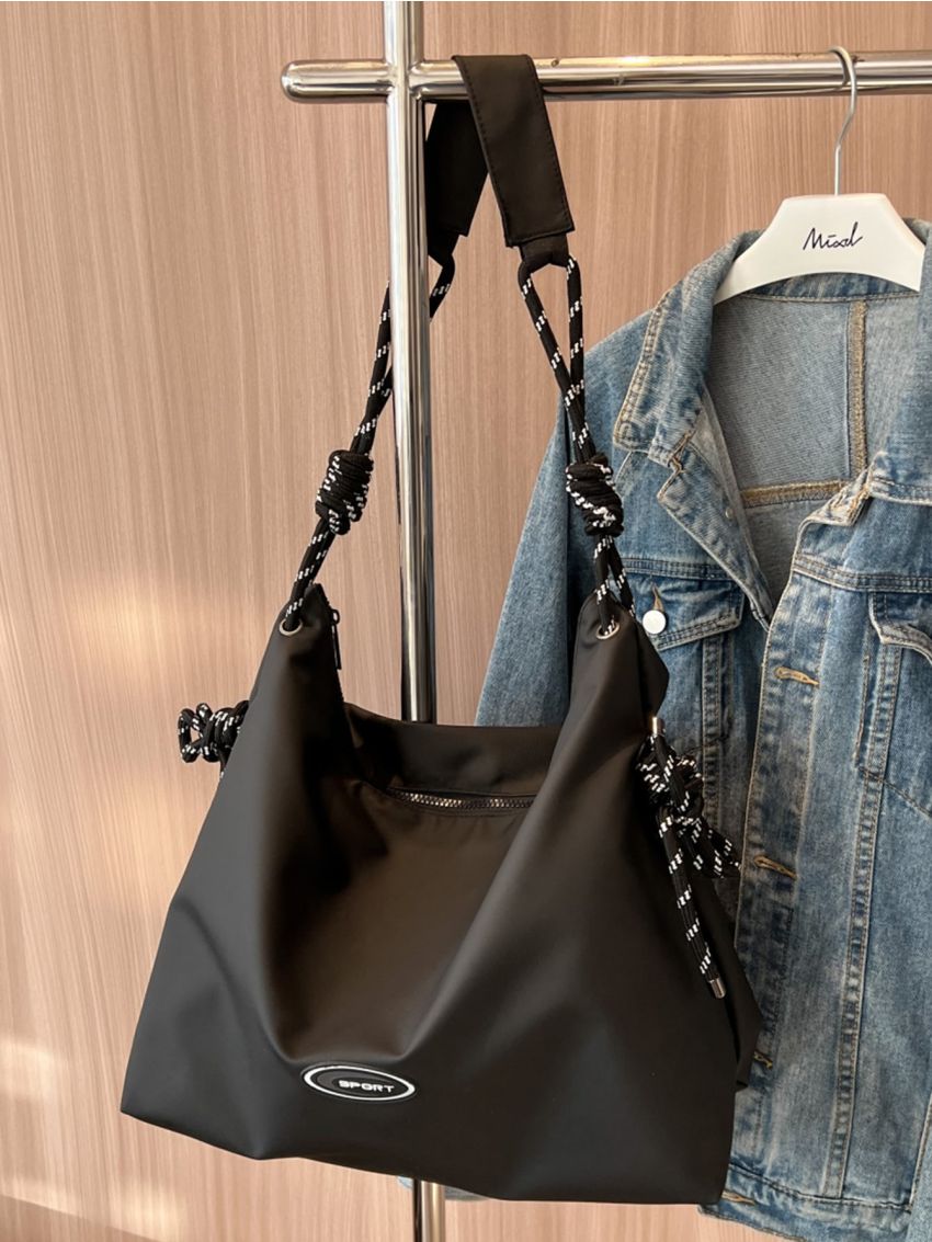 Ruched Detail Letter Patch Decor Hobo Bag