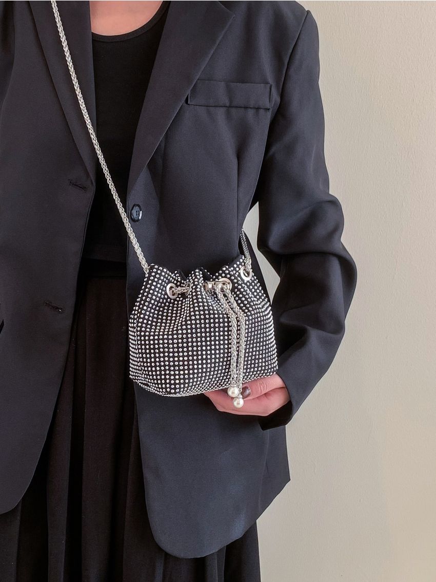 Mini Rhinestone & Faux Pearl Decor Drawstring Chain Bucket Bag