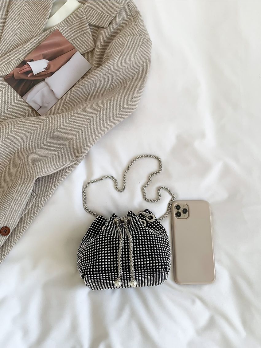 Faux Pearl & Rhinestone Decor Bucket Bag