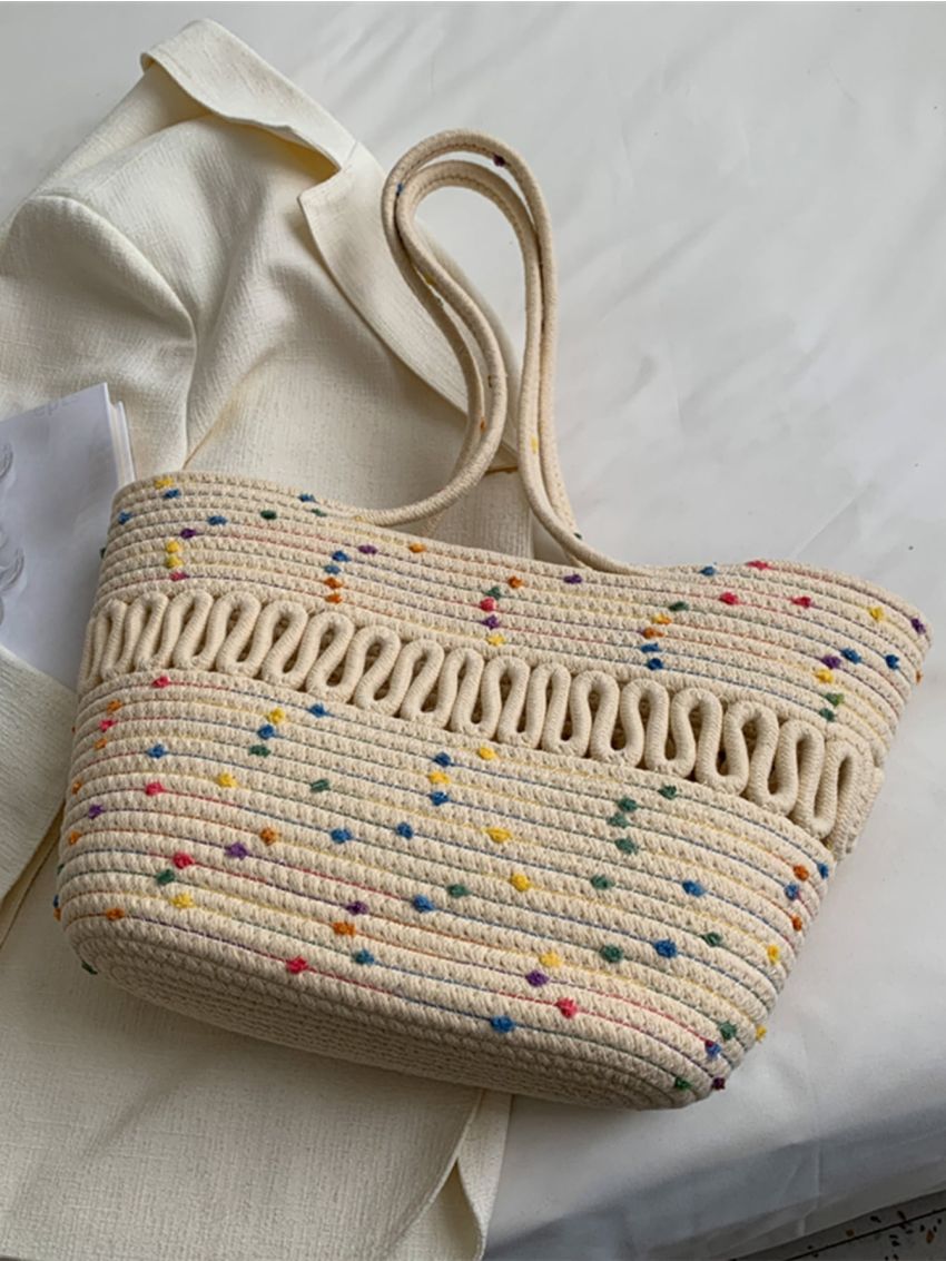 Large Capacity Straw Bag Double Handle Colorblock