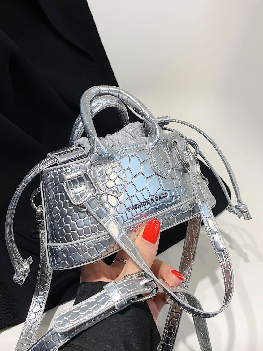 Metallic Letter Graphic Drawstring Design Bucket Bag