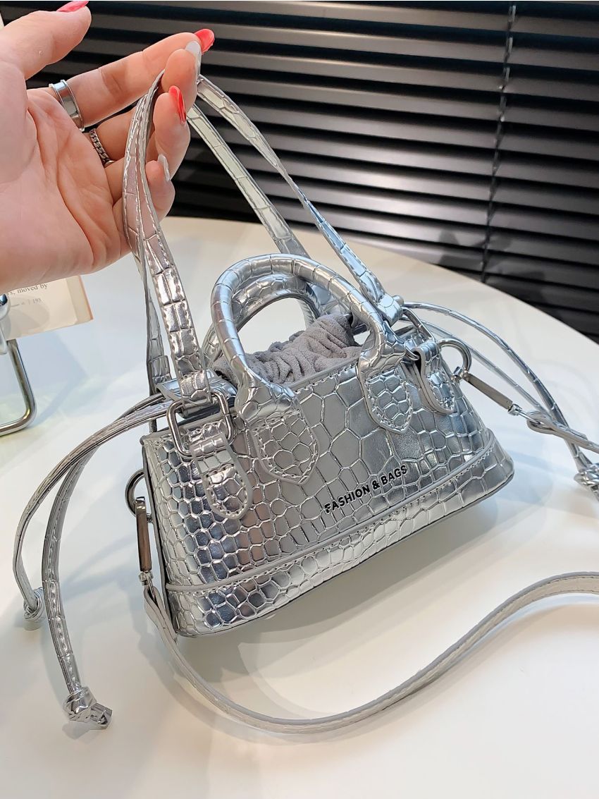 Metallic Letter Graphic Drawstring Design Bucket Bag