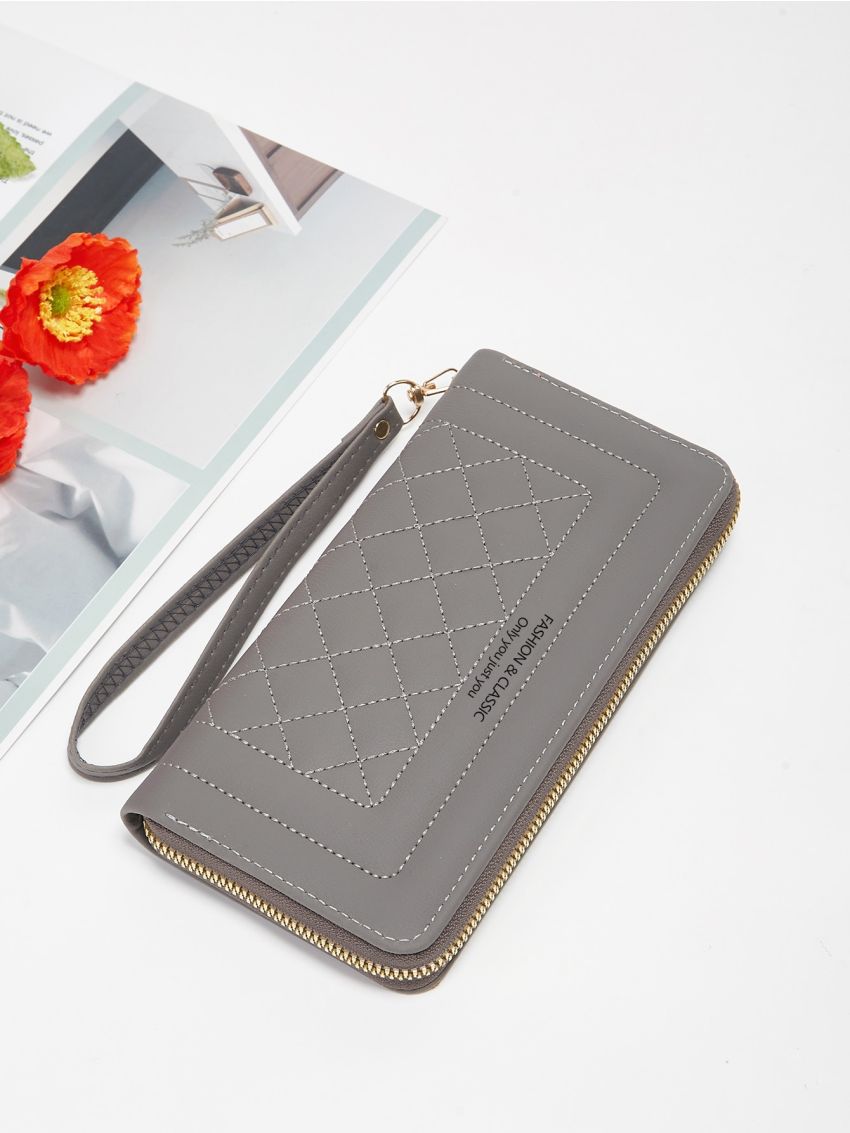 Letter Graphic Quilted Long Wallet With Wristlet