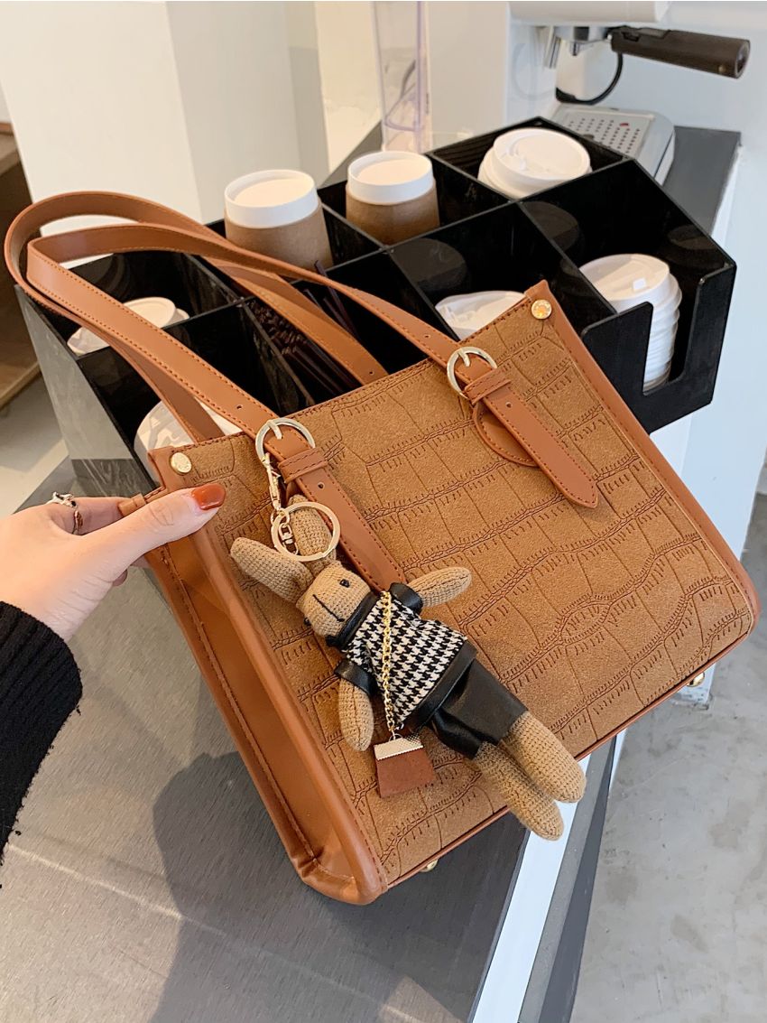 Crocodile Embossed Square Bag With Bag Charm