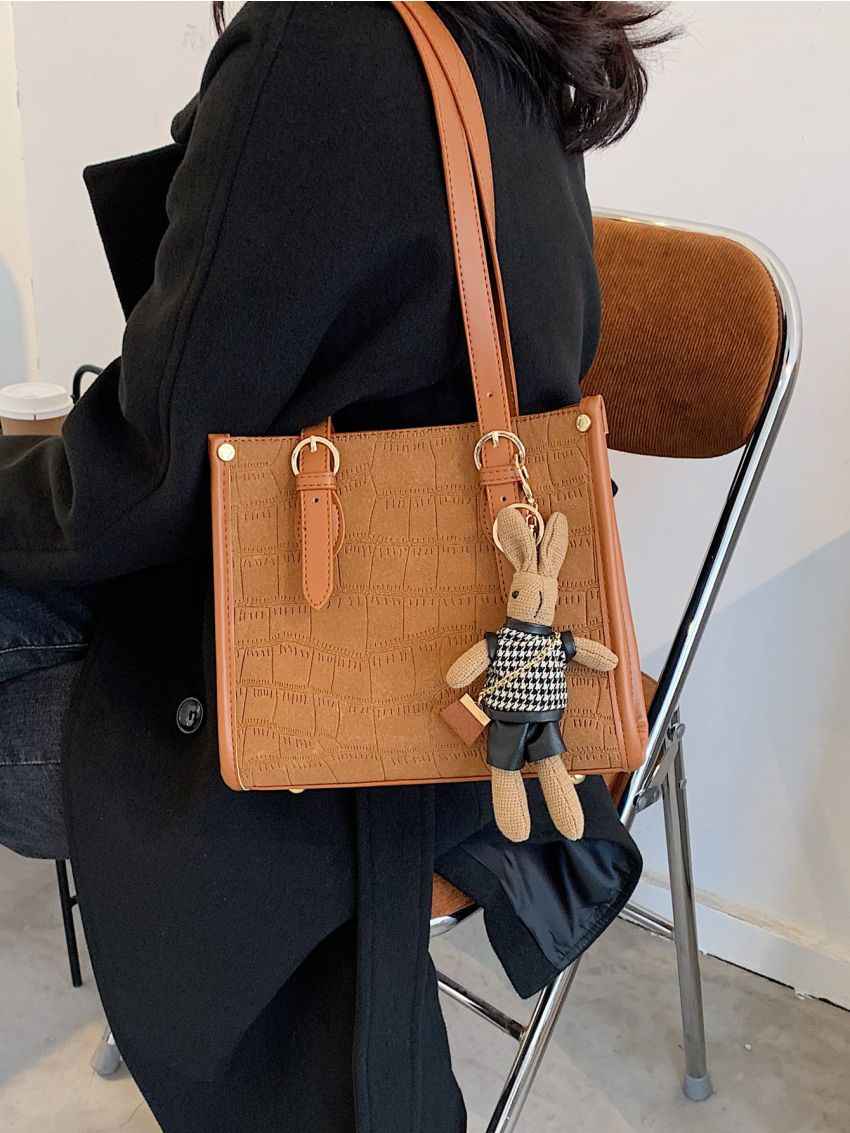 Crocodile Embossed Square Bag With Bag Charm