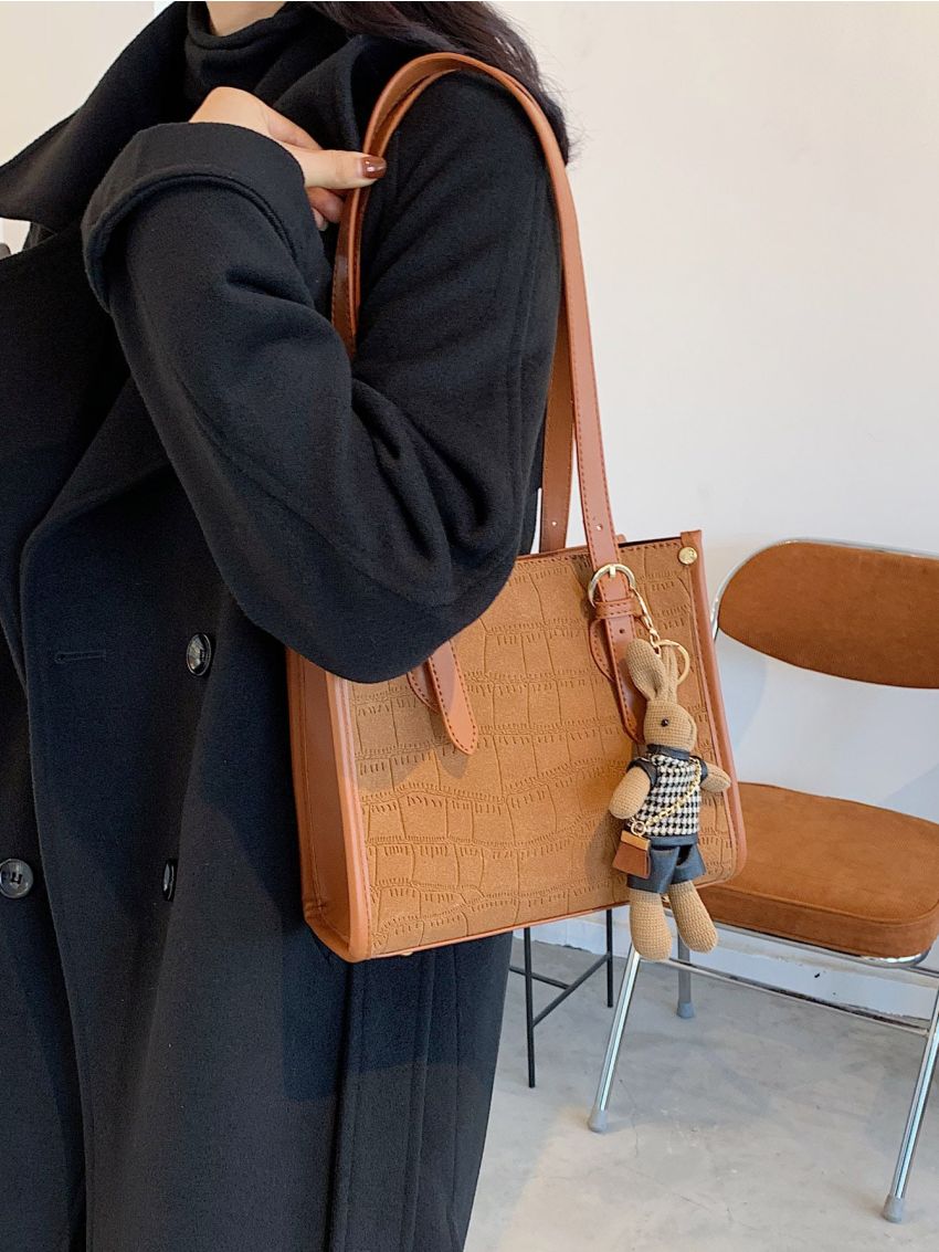 Crocodile Embossed Square Bag With Bag Charm