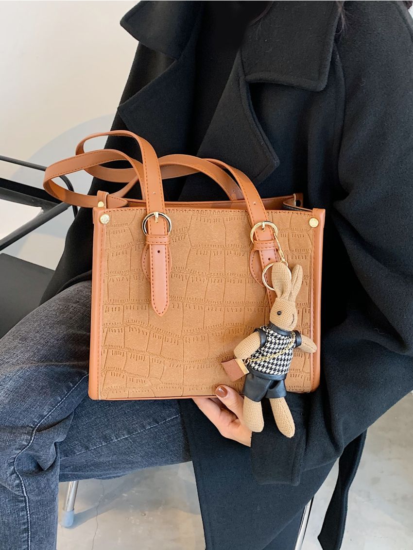 Crocodile Embossed Square Bag With Bag Charm