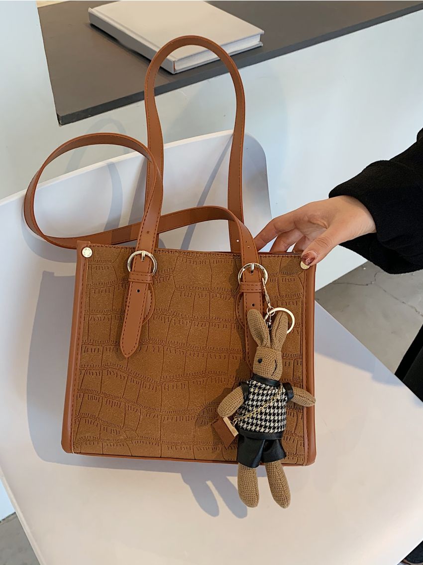 Crocodile Embossed Square Bag With Bag Charm