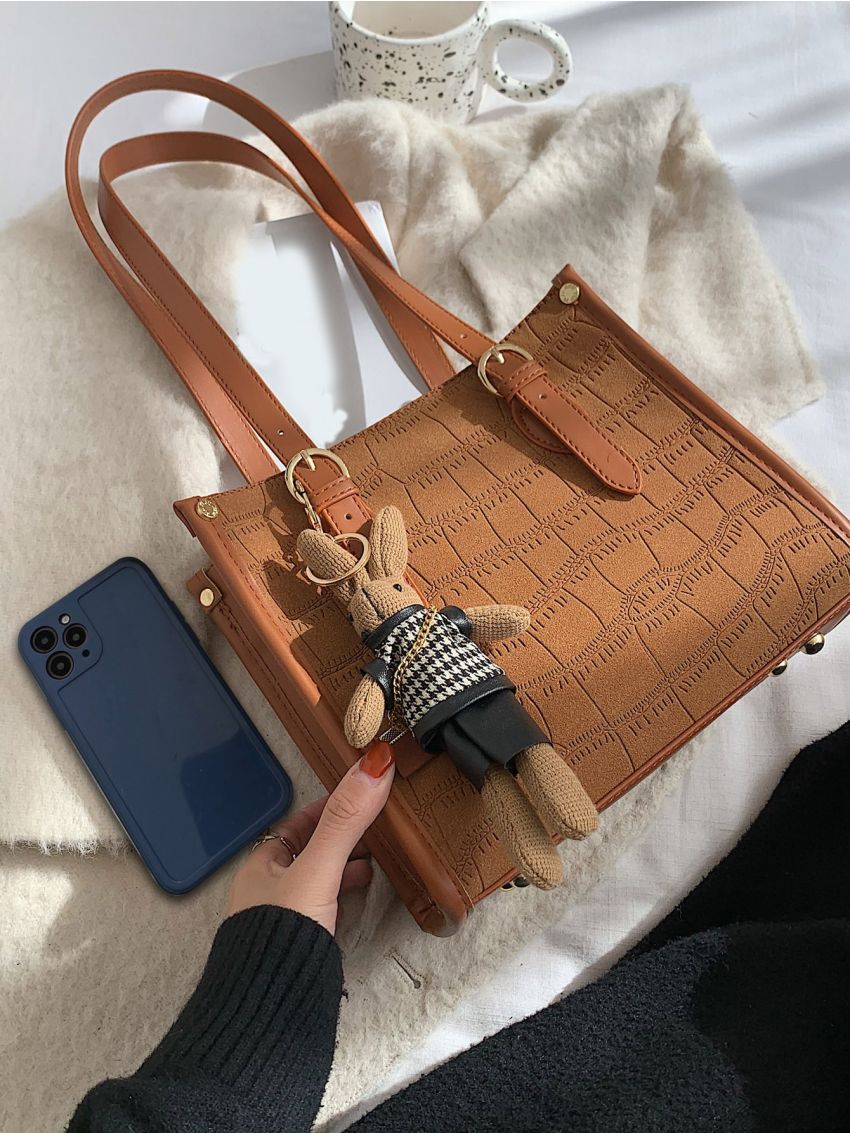 Crocodile Embossed Square Bag With Bag Charm