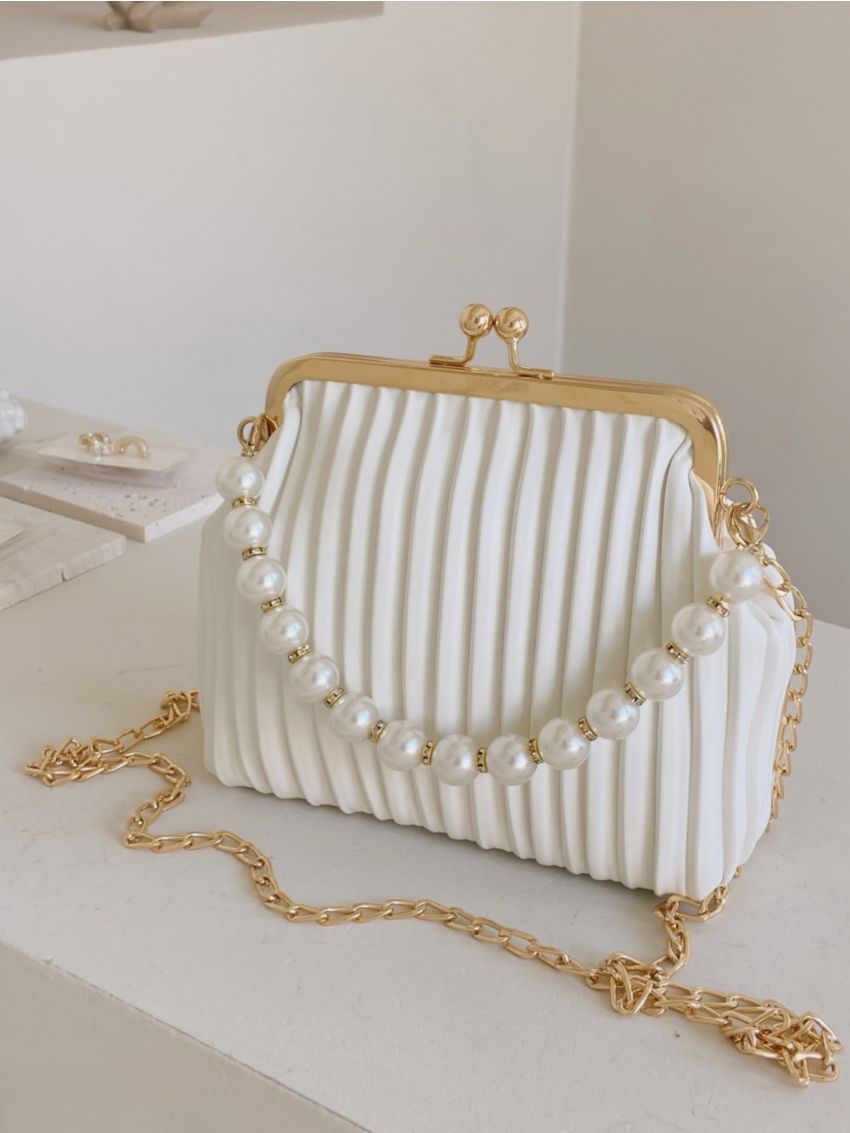 Mini Faux Pearl Decor Kiss Lock Chain Satchel Bag