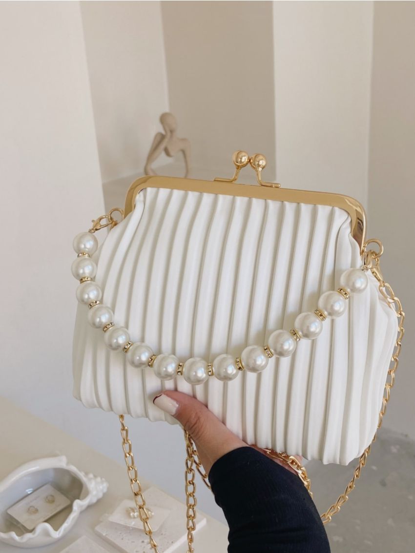 Mini Faux Pearl Decor Kiss Lock Chain Satchel Bag