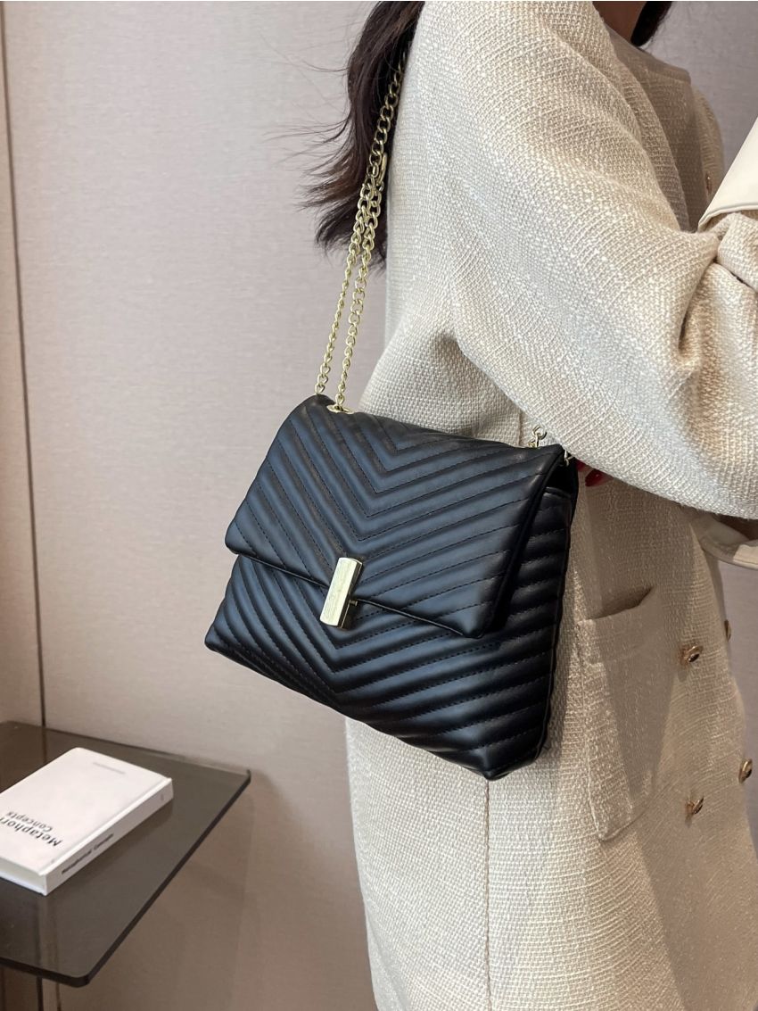 Chevron Quilted Chain Flap Square Bag