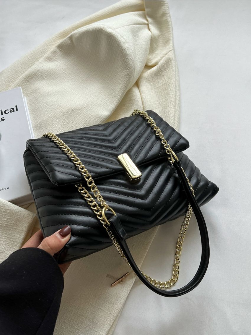 Chevron Quilted Chain Flap Square Bag