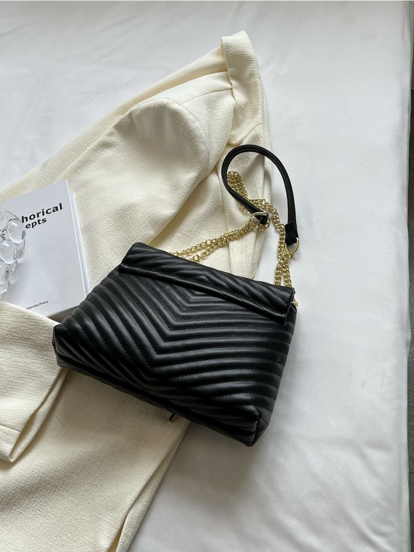 Chevron Quilted Chain Flap Square Bag