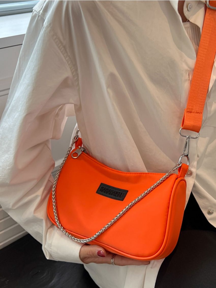 Letter Patch Decor Chain Hobo Bag