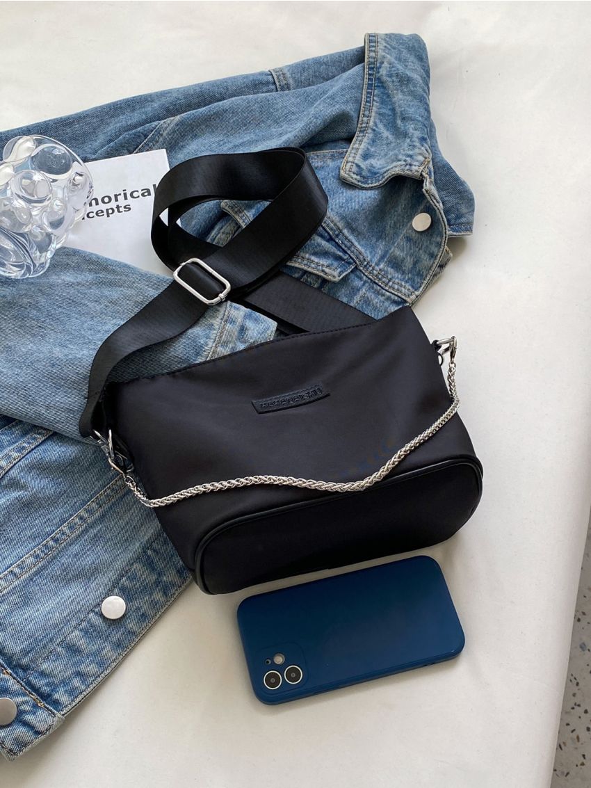 Letter Graphic Chain Decor Hobo Bag