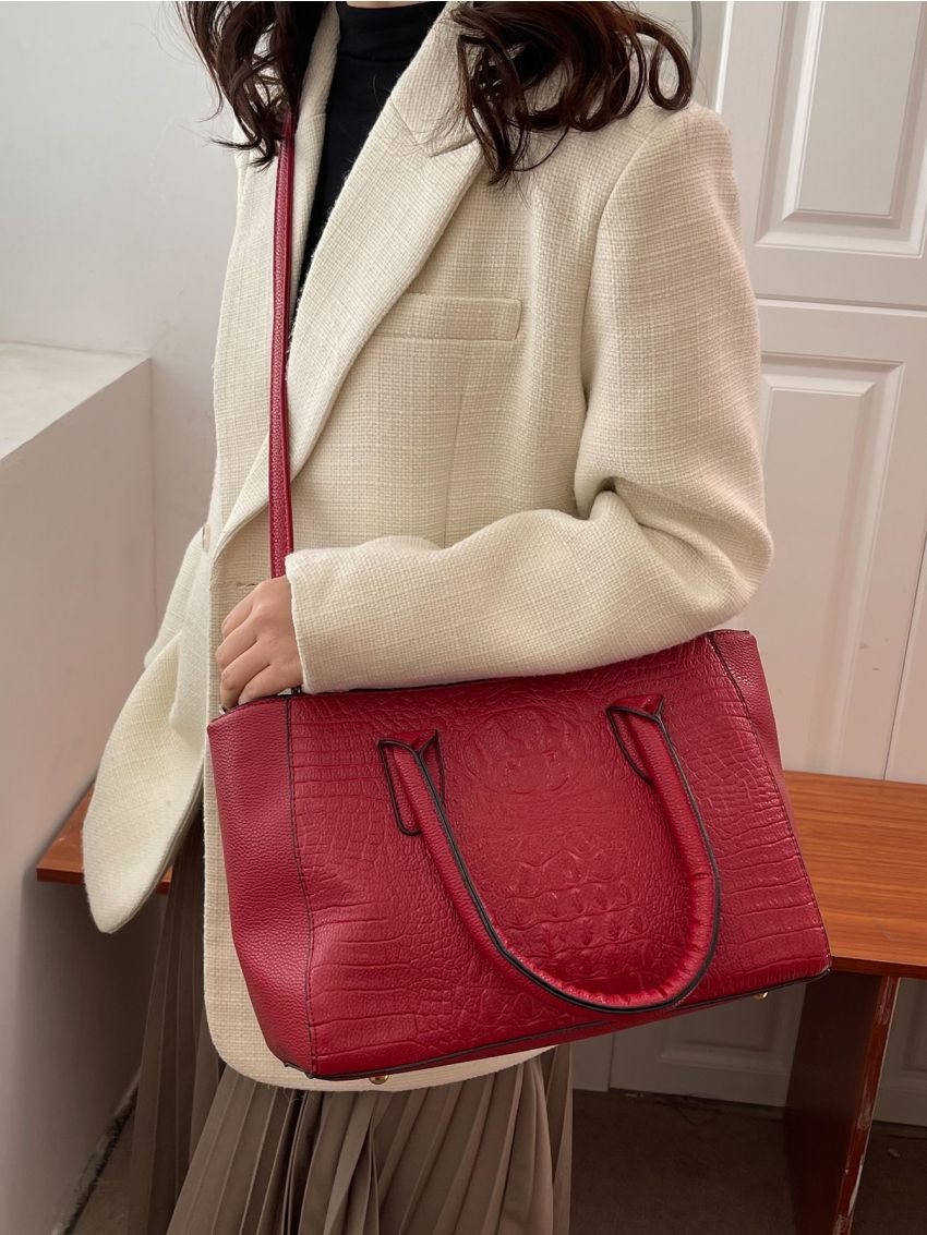 3pcs Crocodile Embossed Top Handle Bag Set