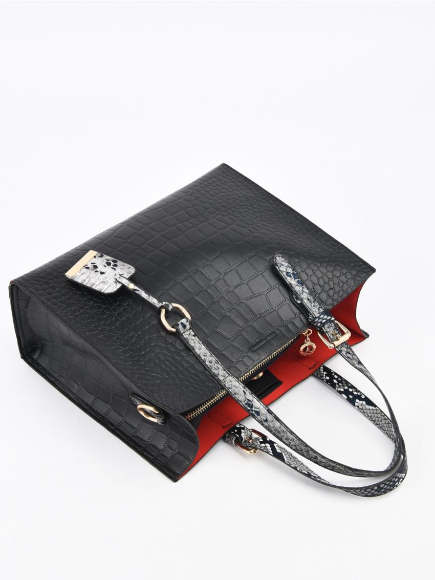 Crocodile Embossed Square Bag With Bag Charm