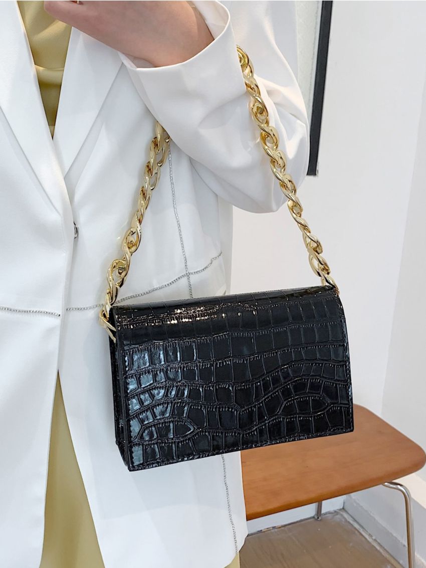 Crocodile Embossed Chain Square Bag