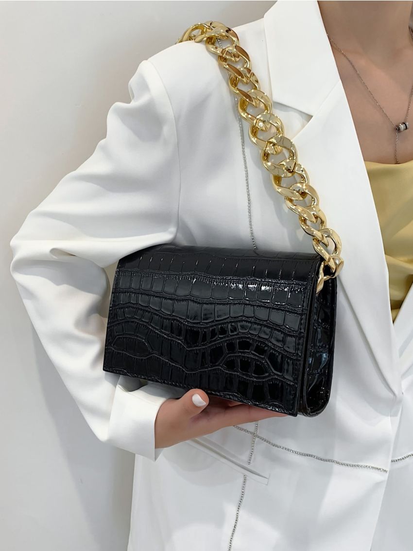 Crocodile Embossed Chain Square Bag