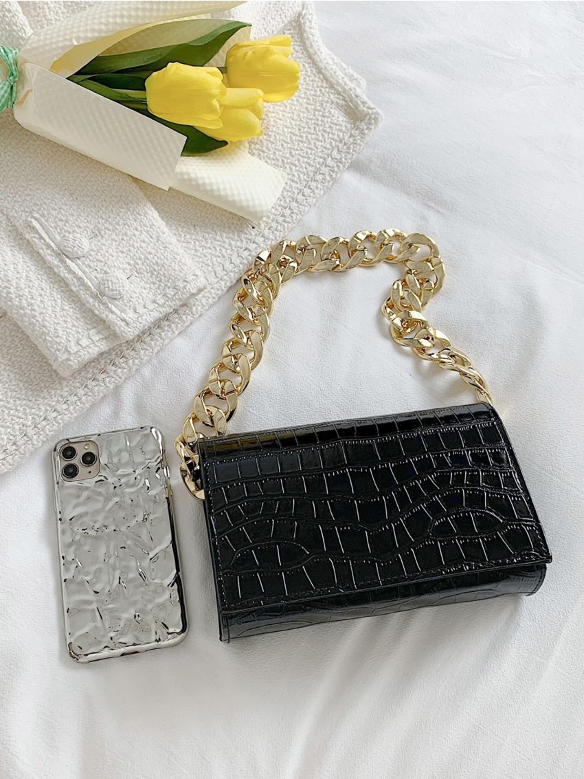 Crocodile Embossed Chain Square Bag