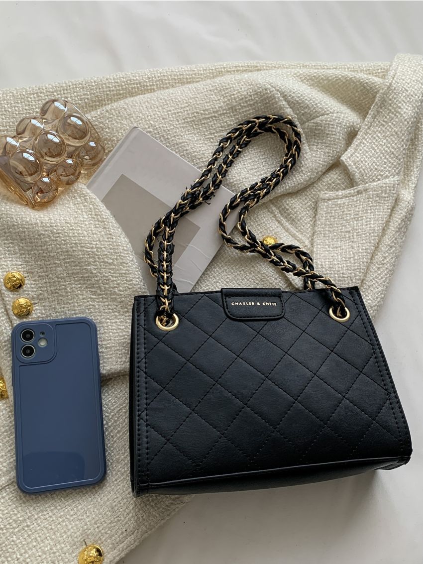 Stitch Detail Letter Print Grommet Eyelet Square Bag