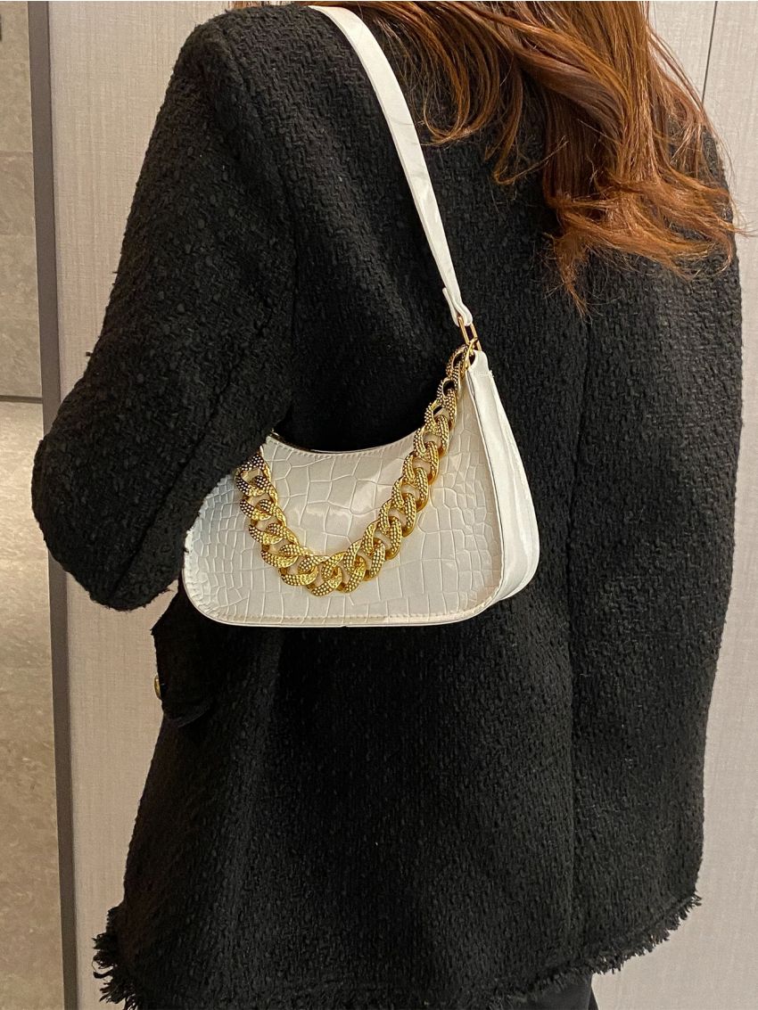 Crocodile Embossed Chain Decor Baguette Bag