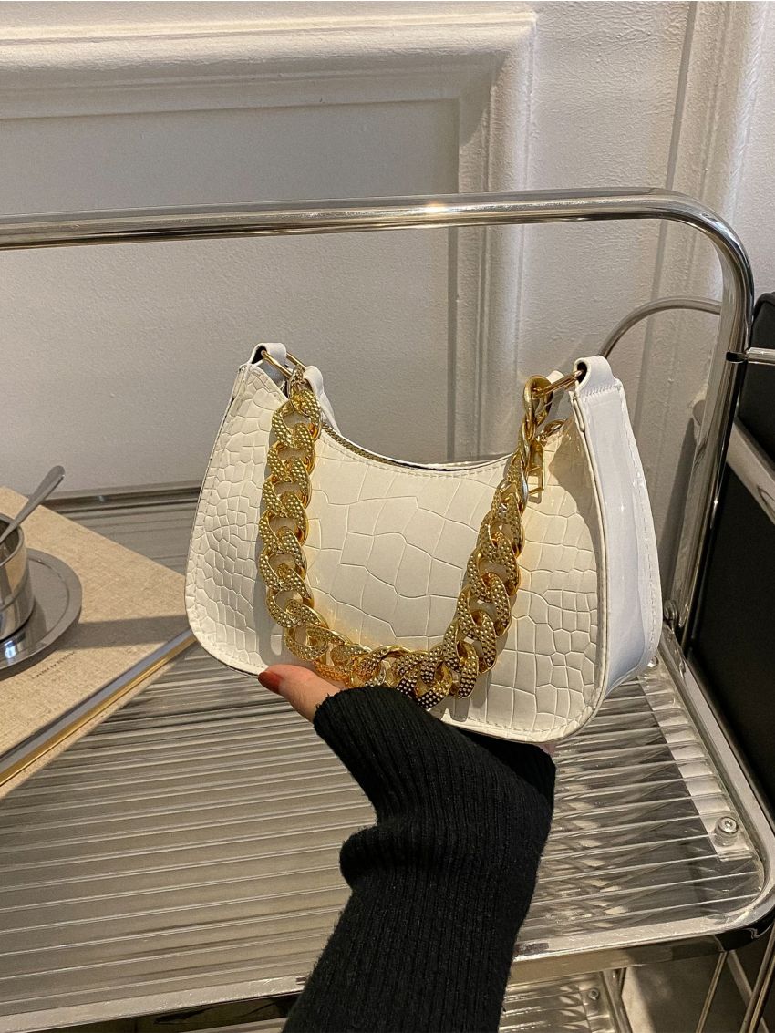 Crocodile Embossed Chain Decor Baguette Bag