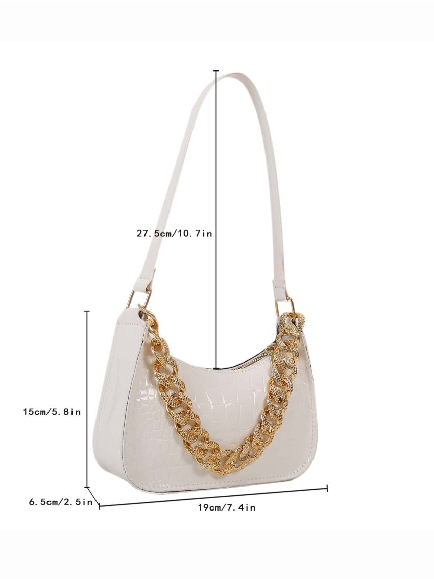 Crocodile Embossed Chain Decor Baguette Bag