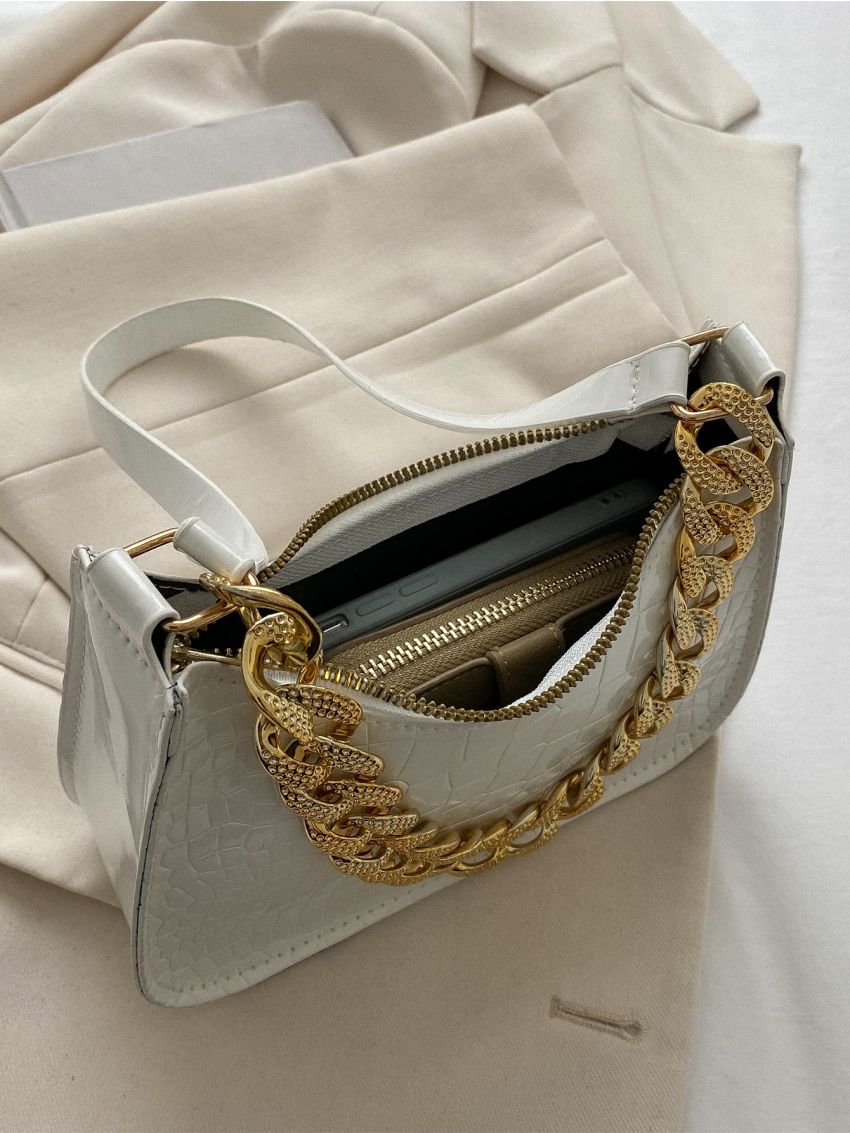 Crocodile Embossed Chain Decor Baguette Bag