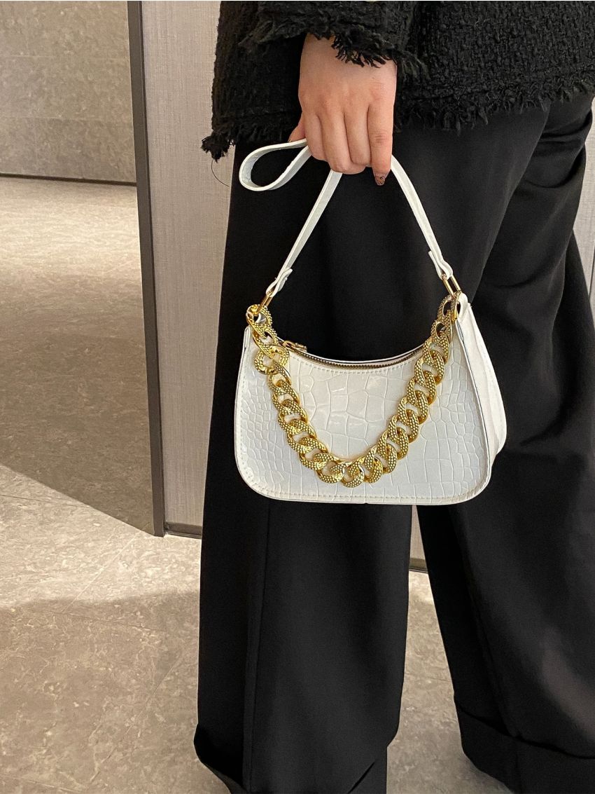 Crocodile Embossed Chain Decor Baguette Bag