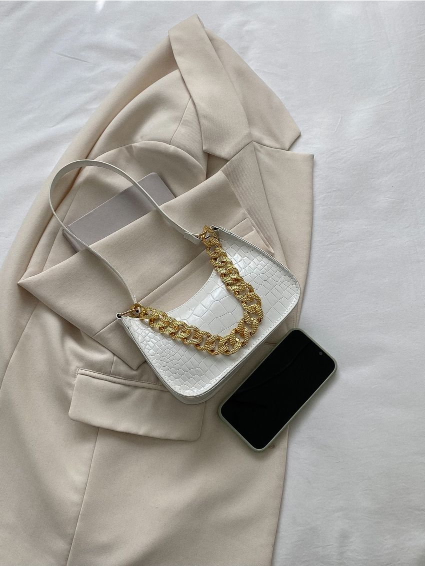 Crocodile Embossed Chain Decor Baguette Bag
