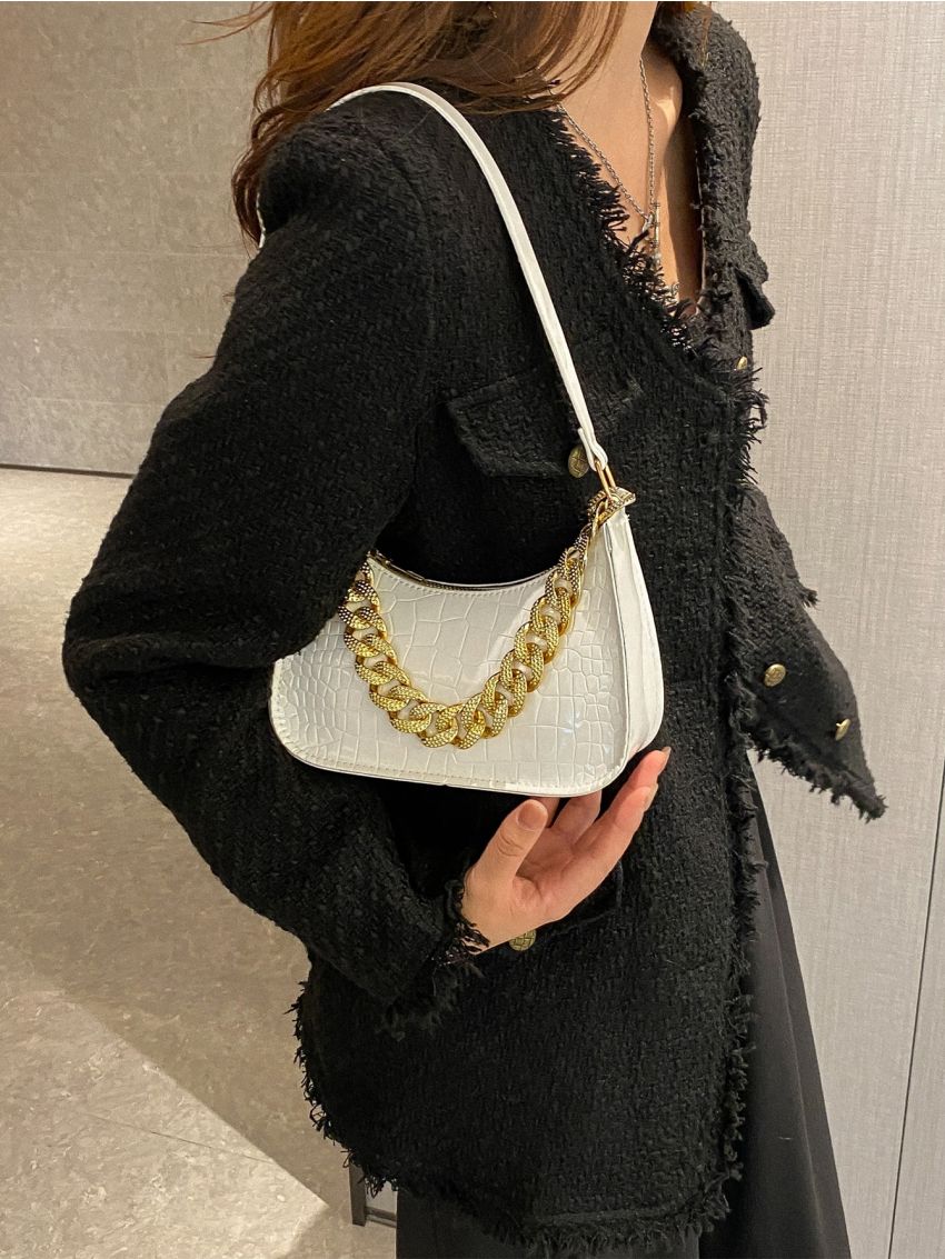 Crocodile Embossed Chain Decor Baguette Bag