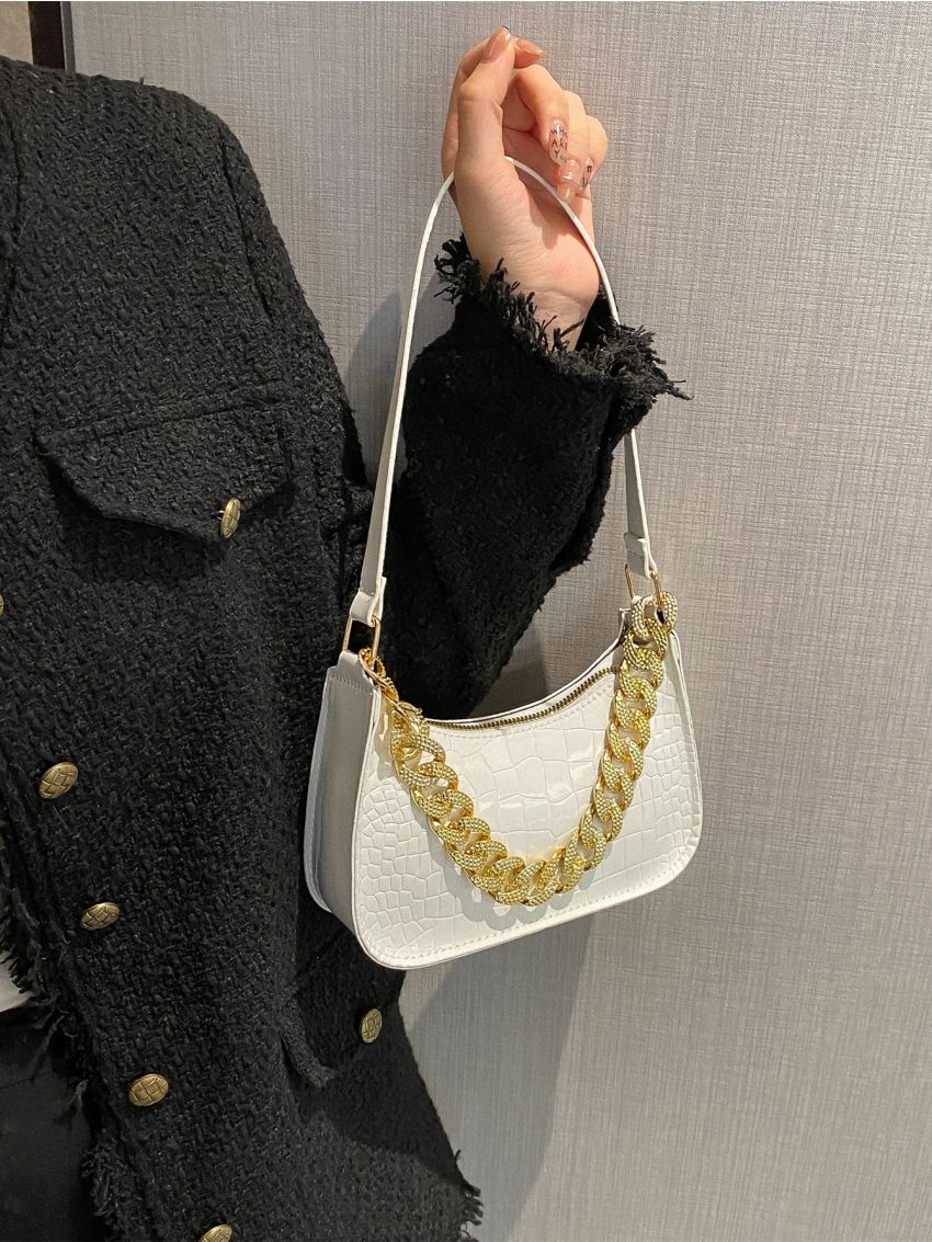 Crocodile Embossed Chain Decor Baguette Bag