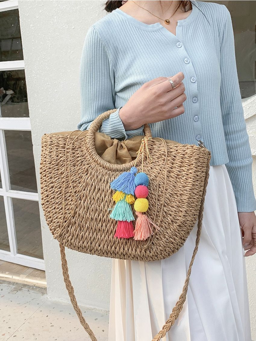 Tassel & Pompom Decor Straw Bag