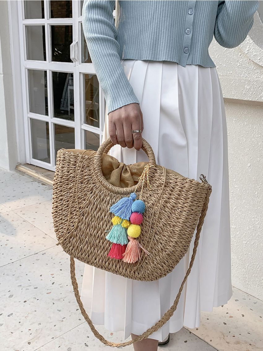 Tassel & Pompom Decor Straw Bag