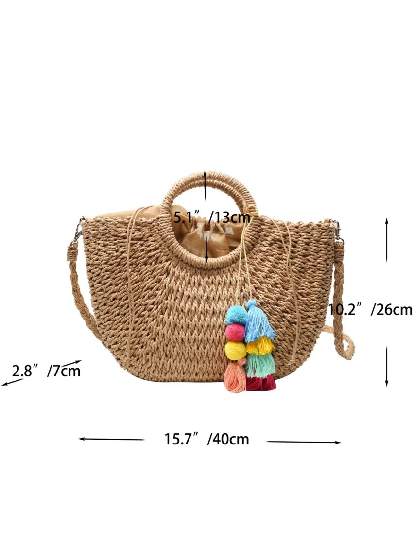 Tassel & Pompom Decor Straw Bag