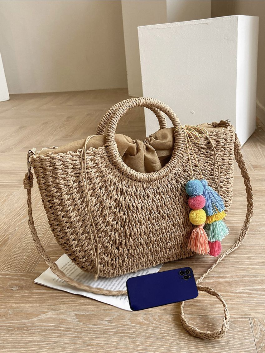 Tassel & Pompom Decor Straw Bag
