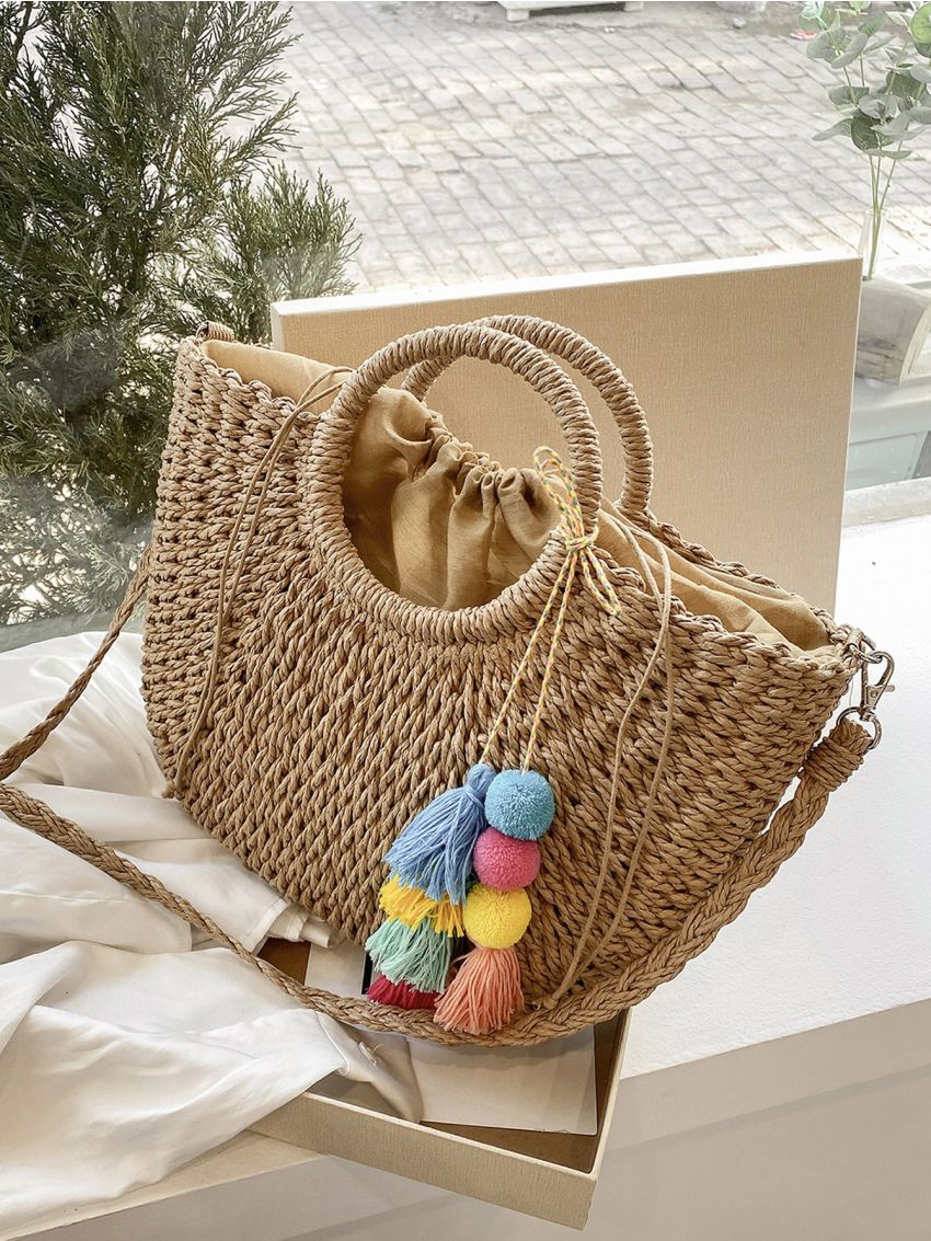 Tassel & Pompom Decor Straw Bag