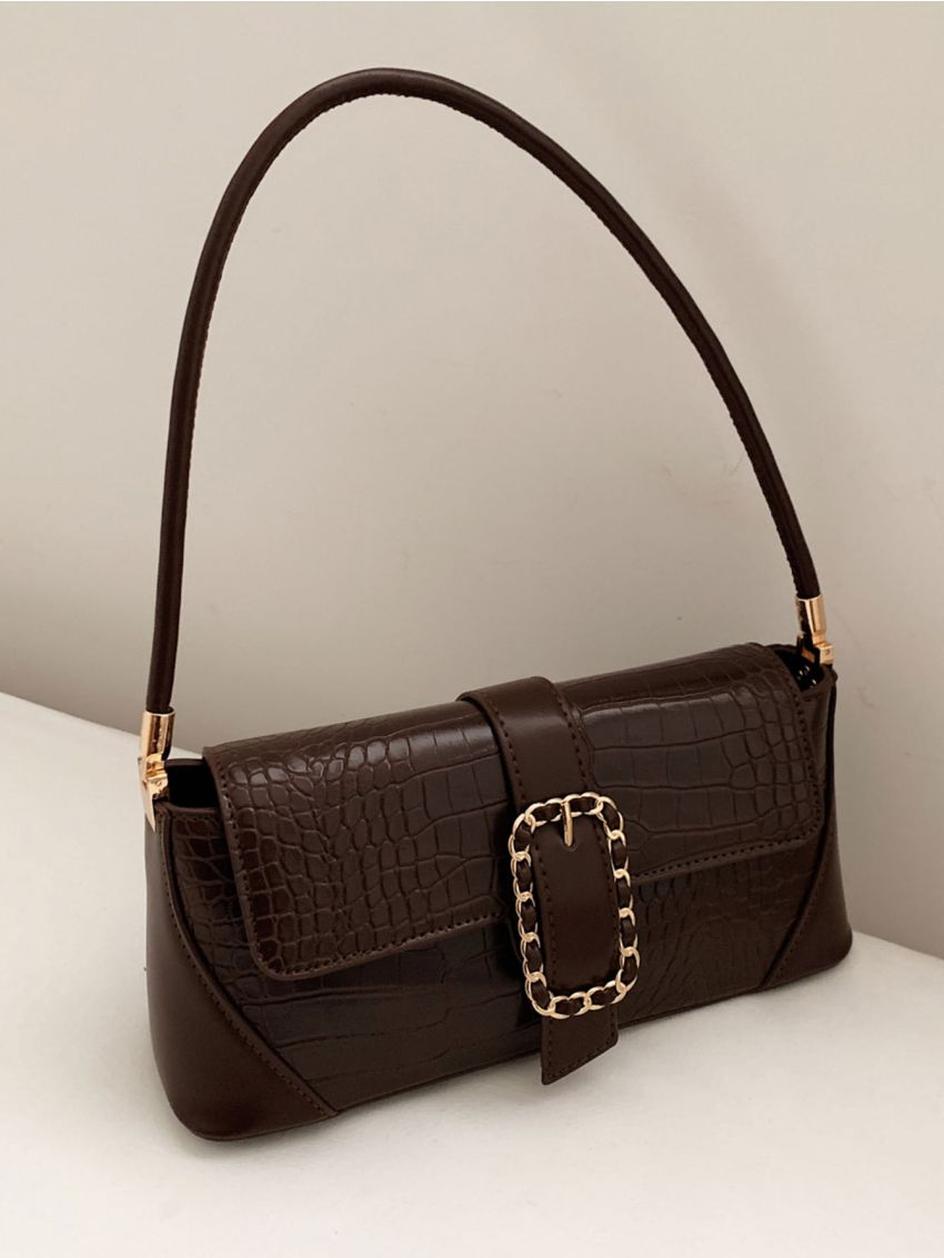 Crocodile Embossed Buckle Decor Baguette Bag
