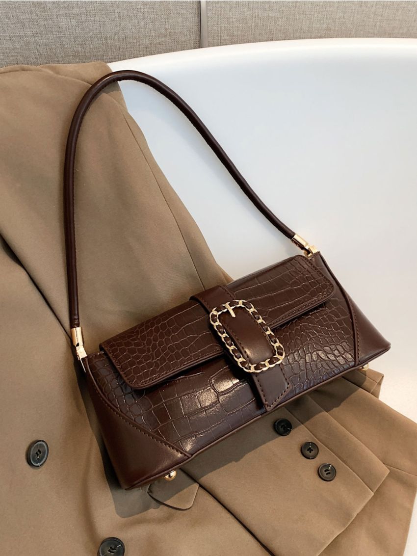 Crocodile Embossed Buckle Decor Baguette Bag