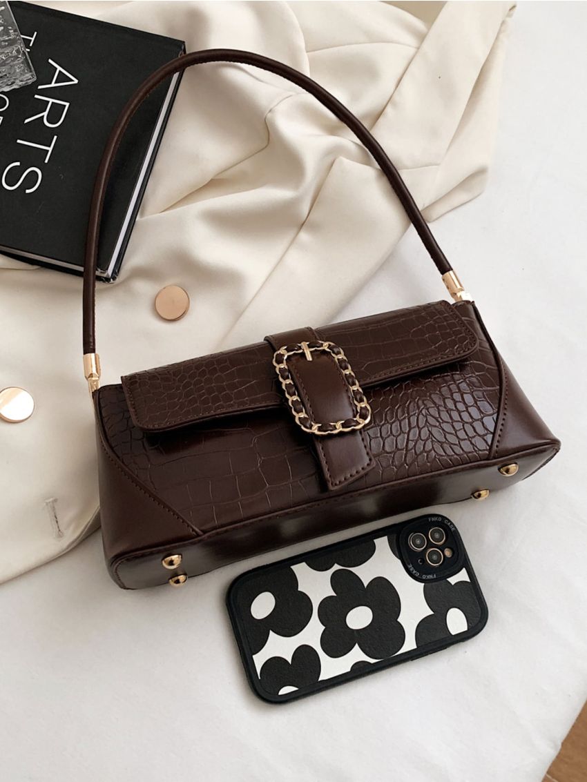 Crocodile Embossed Buckle Decor Baguette Bag