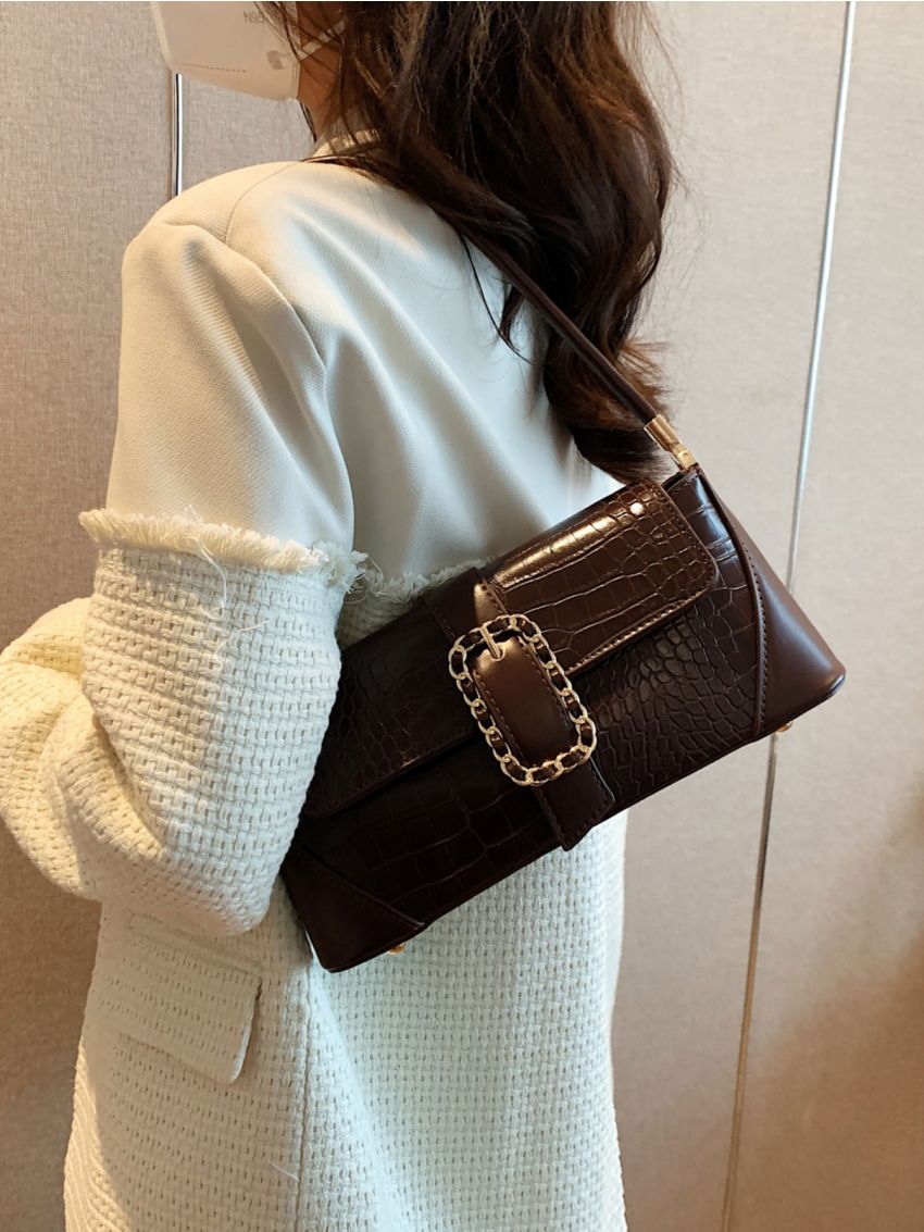 Crocodile Embossed Buckle Decor Baguette Bag