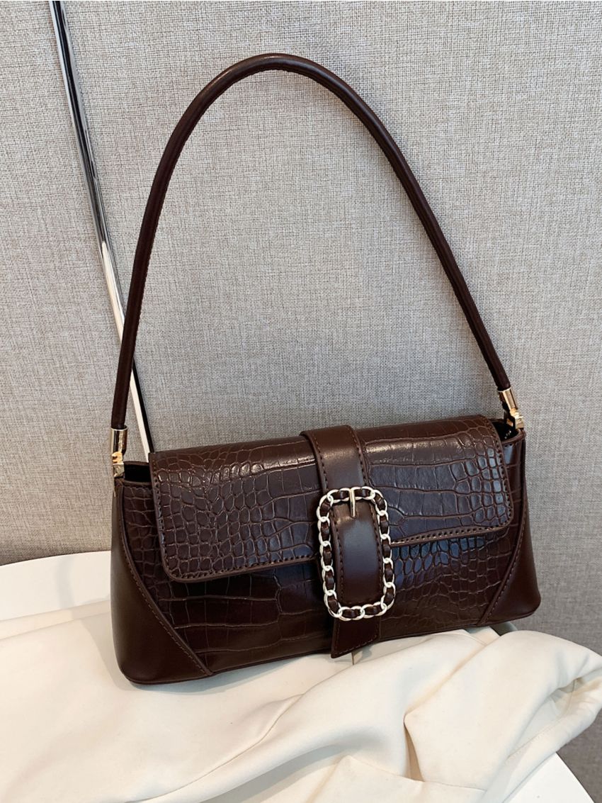 Crocodile Embossed Buckle Decor Baguette Bag