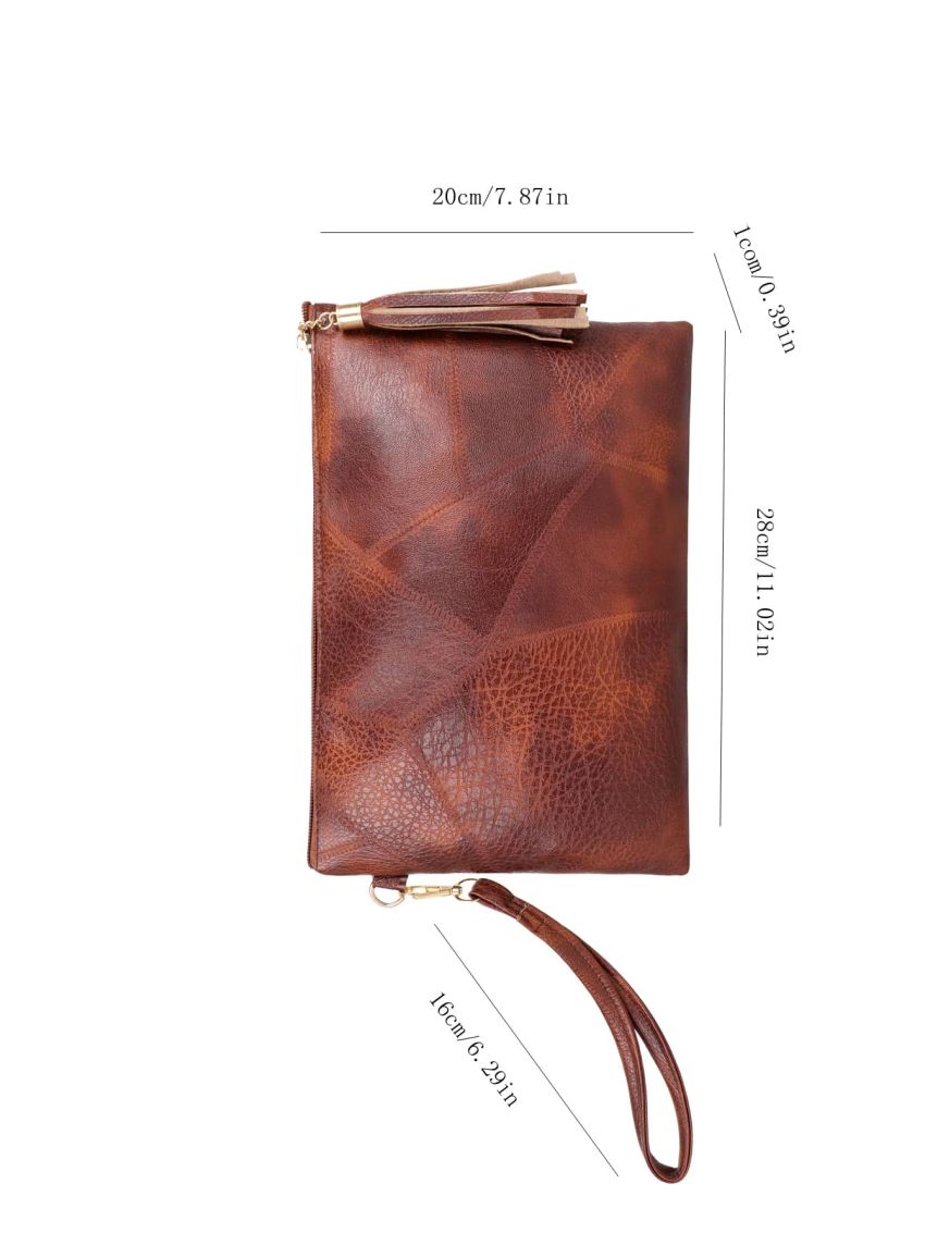 Litchi Embossed Tassel Decor Wristlet Bag