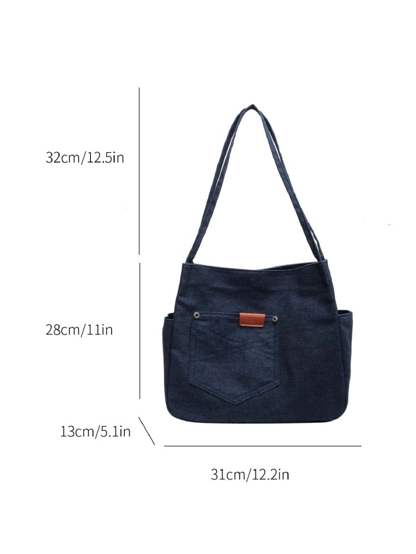 Letter Patch Decor Denim Shopper Bag