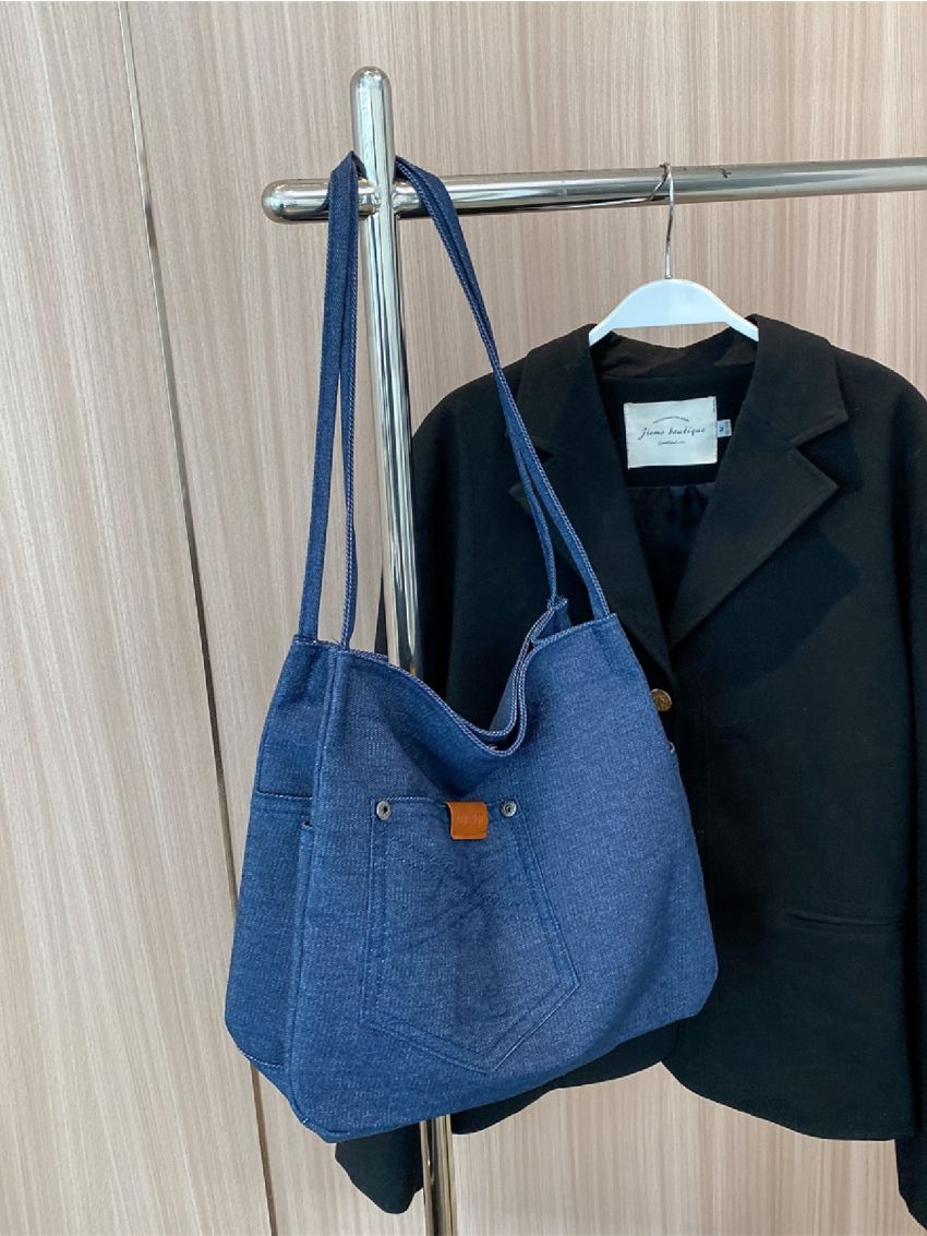 Letter Patch Decor Denim Shopper Bag